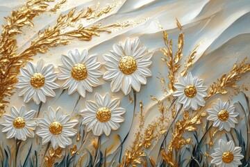 Poster - Colorful drawing of daisies in an oil painting.