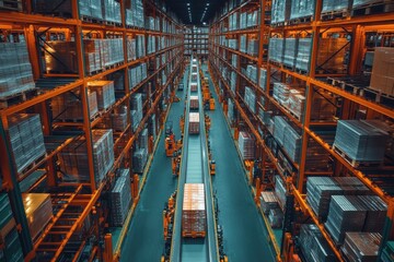 High-Angle View of a Modern Warehouse with Automated Conveyor System