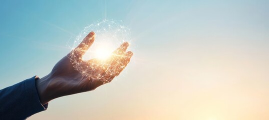 Leinwandbilder - Global network connection and data exchange with hand touching circle on sunset background. Business networking with customers, Science, Innovation, Communication and Technology.