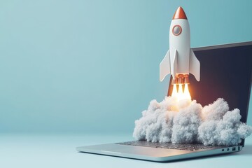 Poster - The rocket comes out of the screen of a laptop, a concept of innovation and creativity. Stock image.