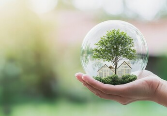 Aufkleber - Earth crystal glass globe ball and tree in robot hand, save the environment, protect a clean planet, science of the environment concept for the development of sustainability.