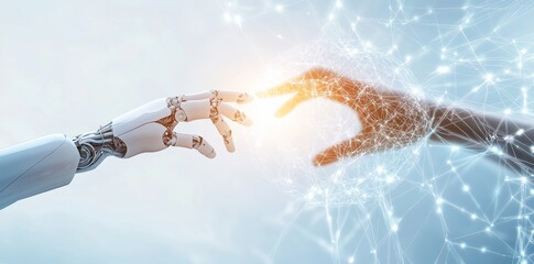 Fototapete - Robotics and humans touching big data of global network connections, Internet and digital technology, Science and stock digital technologies of the future.