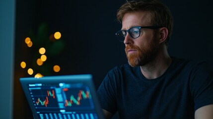 Sticker - The concept of using data analytics to improve sales and revenue. A man is seated with a laptop and is working with a growing graph. The concept of generative stock.