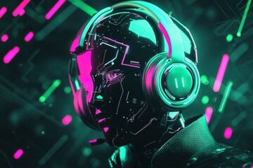 Poster - An image of a humanoid head with blue and yellow eyes and a neon neural network, displaying futuristic technology and stock.