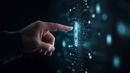 Fototapete - AI circuit board in the shape of an electronic PCB circuit icon symbol on a businessman's hand finger touching with cyberpunk neon lighting in cyberspace. Innovative technology based on machine