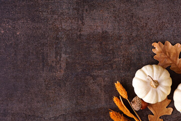 Poster - Fall corner border of white pumpkins with muted orange and brown autumn decor. Top view on a rustic dark stone background with copy space.