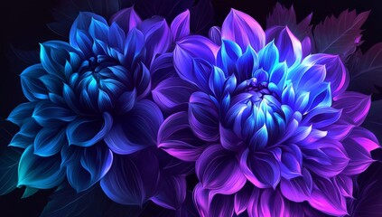 Poster - Neon abstract background with 3D neon flowers against black background