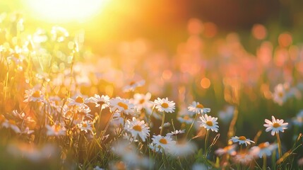 Poster - A sunny day with a lot of white and pink spring daisies.