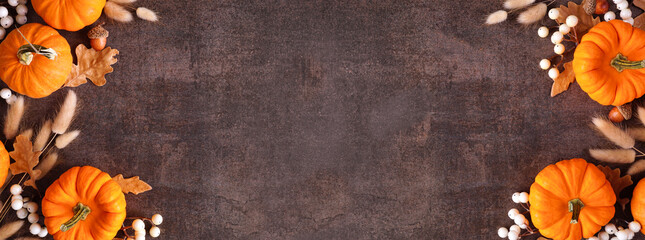 Poster - Fall double border of orange pumpkins, berries and natural autumn decor. Top down view on a rustic dark stone banner background with copy space.