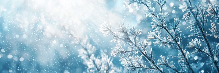 Canvas Print - The background is a winter background with frozen and snowy branches of trees against a blue sky backdrop. Christmas or New Year concept.