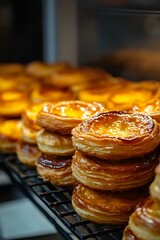 Freshly baked egg tarts on a cooling rack.