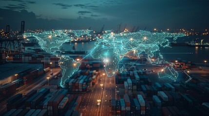 Poster - International delivery concept, World map with logistic network distribution on background, shipping containers in port stock for fast or instant delivery idea.