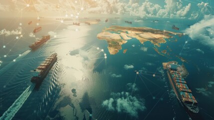 Aufkleber - A World map with logistic network distribution on the background, cargo ships delivering containers in port. Background image for a fast or instant delivery concept.