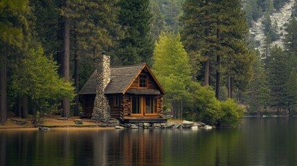 Sticker - Rustic Cabin on a Tranquil Lake