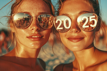 Close-up Portrait of Young Women Celebrating New Year in Sunset Glow