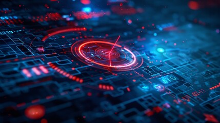 Fototapete - An advanced user interface of a futuristic computer interface with a target pointer and digital text number element in a shallow depth of field and grainy texture for a cyber technology concept