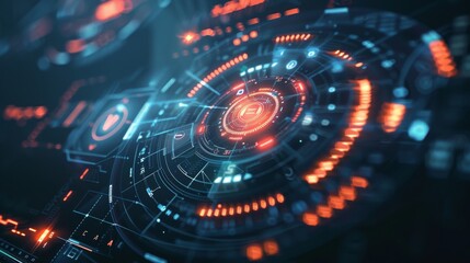 Fototapete - With shallow depth of field and dark and grainy processing, target pointer together with futuristic user interface GUI digital text number element for cybertechnology concept.