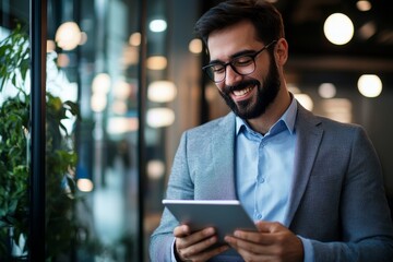 Poster - A young latin executive is holding a tablet while at the office.