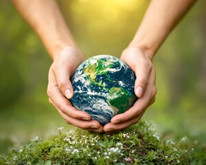 caring hands holding earth globe symbol of global unity and environmental stewardship in natural set