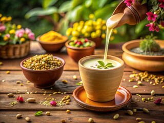 Traditional Indian lassi pours into clay cup on rustic wooden table surrounded by lush greenery and vibrant flowers under warm afternoon sunlight with soft golden hue