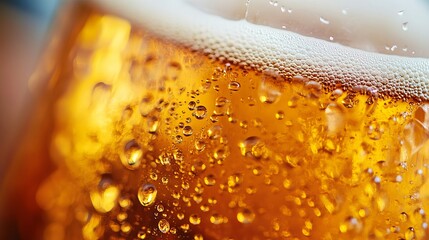 Wall Mural - A close-up shot of a beer glass. The beer is fresh, cold, and bubbly.  The focus is on the glass, with the background slightly blurred.