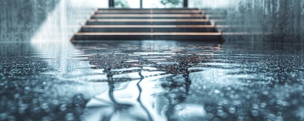 Aufkleber - A serene room with wooden stairs reflecting in a pool of water, creating a calming ambiance with soft light.