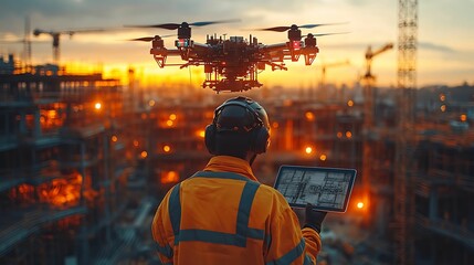 A construction worker operates a drone with a tablet at a construction site during sunset, utilizing advanced technology for aerial monitoring.