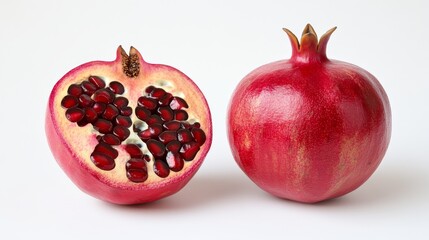 A juicy pomegranate, cut in half, shows off its bright red seeds. It looks beautiful and tastes sweet, plus it's good for you.