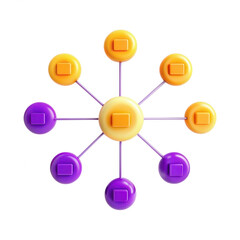 Poster - A vibrant 3D model depicting a network structure with yellow, orange, and purple nodes and lines, isolated on a black background.
