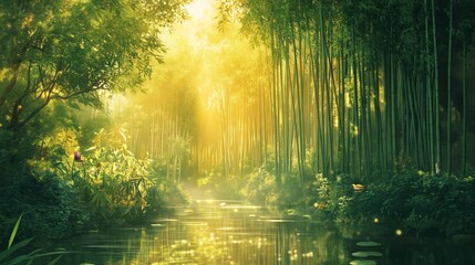 Wall Mural - a tranquil bamboo forest at dawn, with sunlight, gentle rustling leaves, and colorful birds.