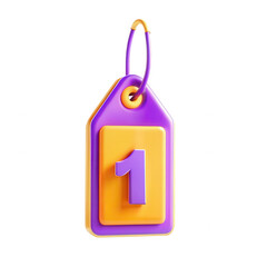 Poster - A vibrant 3D rendering of a colorful tag, displaying the number one, ideal for labeling or pricing items. The tag has a purple and orange design.