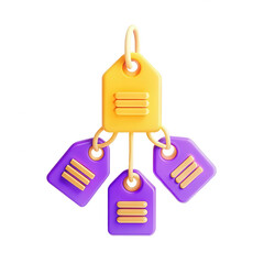 Aufkleber - Three colorful price tags are displayed with a durable ring, bright yellow and purple. Perfect for product labeling or sales. Icons for retail.