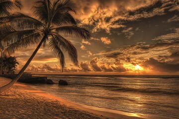 Wall Mural - Tropical beach at sunset, golden sky, palm trees, sun over horizon, warm glow on sandy shore.