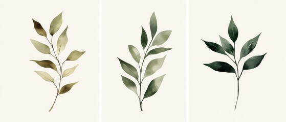 Set of three minimalist botanical wall art prints in neutral and sage green tones