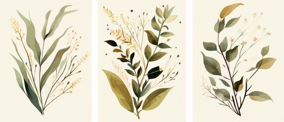 Set of three minimalist botanical wall art prints in neutral and sage green tones