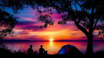 Two people with tent by lake at sunset, vivid colors, silhouette effect, serene natural scene.