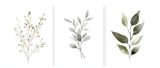 Set of three minimalist botanical wall art prints in neutral and sage green tones