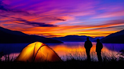 Two people with tent by lake at sunset, vivid colors, silhouette effect, serene natural scene.