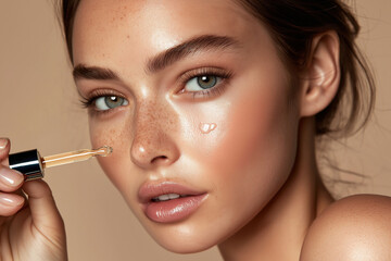 Close-up of a woman dropping a clear serum to her face