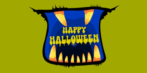 Wall Mural - Vector Happy halloween cartoon greeting card with funny zombie monster open mouth with rotten teeth isolated on green background. Vector Halloween poster and flyer with funny orange monster mouth.