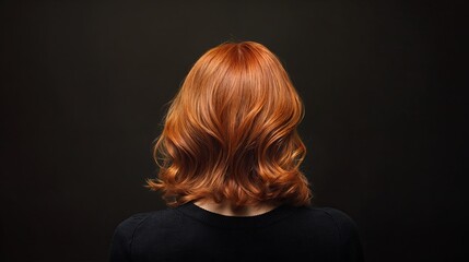 Wall Mural - A woman with red hair, back view. The background is black. The man is wearing a black top.