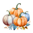 © studio XL - A watercolor illustration of pumpkins peacefully on a pure white background. The overall style is soft and delicate, with gentle, diffused edges, and the colors of the pumpkins are rich and bright