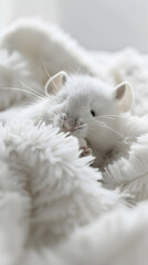 A small white mouse is curled up in a blanket