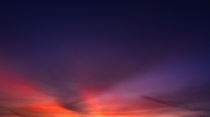 Wall Mural - twilight sky cloud, dusk after sun down with dark blue, purple, red sunlight on blue hour background