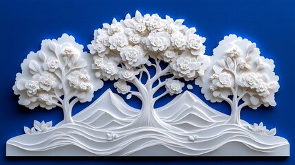 Wall Mural - White Floral Relief Artwork on Blue Background