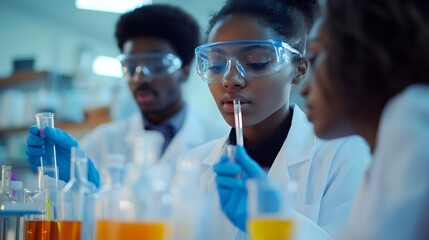 Poster - A young woman scientist in a lab coat and safety glasses uses a pipette to transfer liquid from a graduated cylinder to a beaker.