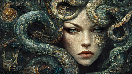 Wall Mural - Medusa gorgon mosaic each scale, generative ai. Gorgon. Illustration