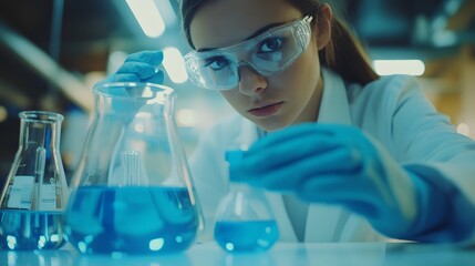 Poster - A Female Scientist in a Laboratory Conducting an Experiment with Blue Liquid