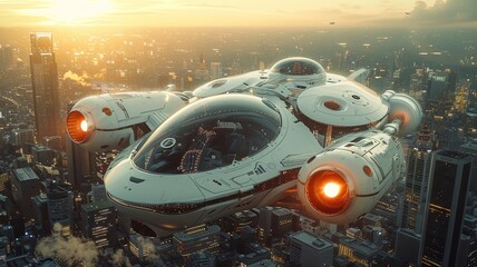 Wall Mural - Futuristic spaceship flying over a bustling cityscape