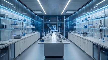 Poster - modern laboratory interior with glassware and equipment